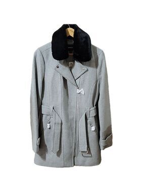 Express Women Moto Jacket Faux Fur Collar Belted Wool Blend Grey Size M